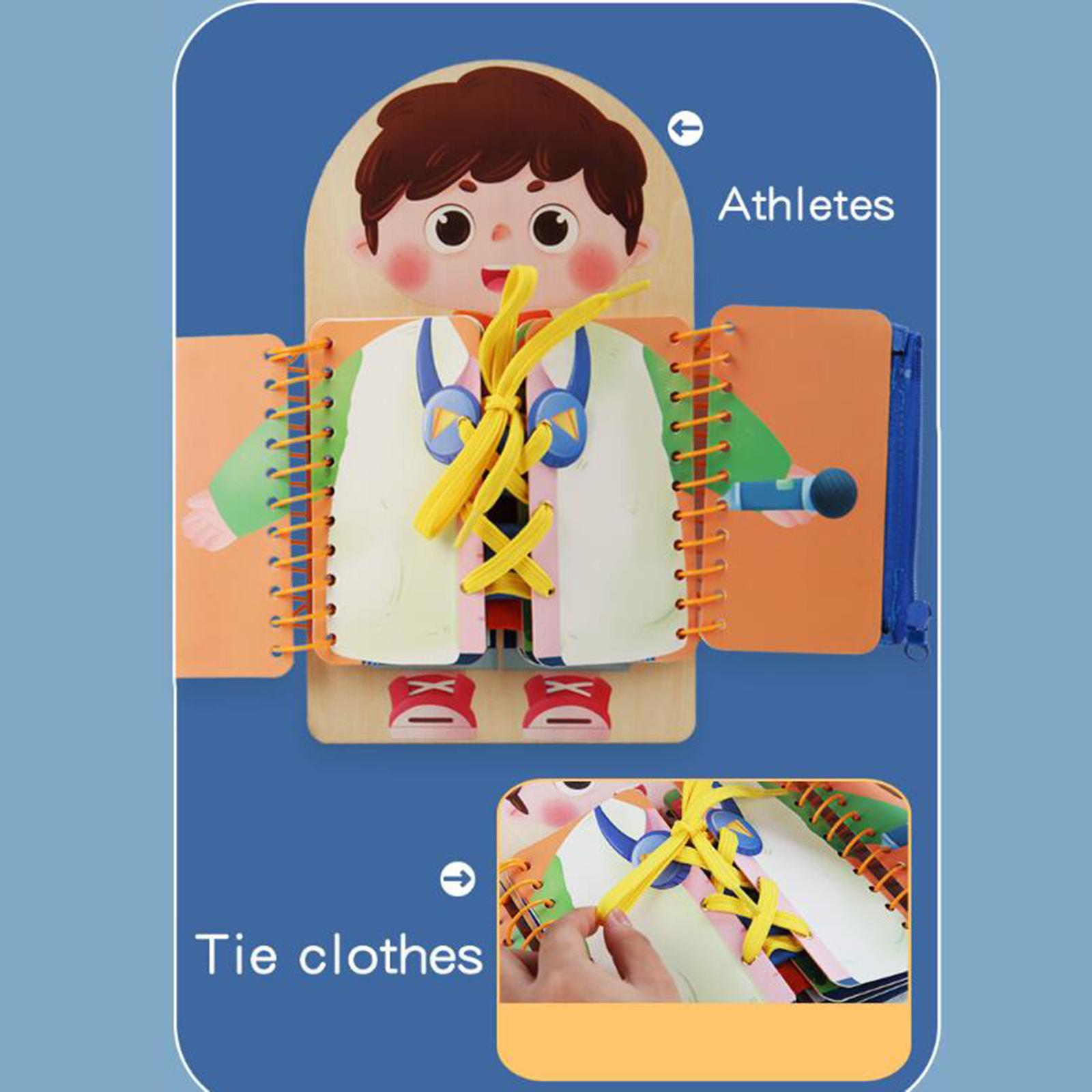Montessori Wooden Busy Board Toddler - 幼児向けの知育玩具。モンテッソーリ教育に基づいた、木製と布製の素材を使ったアクティビティボード。着替えの練習や基本的な生活スキルの学習に役立ち、教育的な贈り物としても最適。